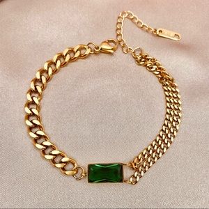 Gold Chain Bracelet with Green Rectangular Stone